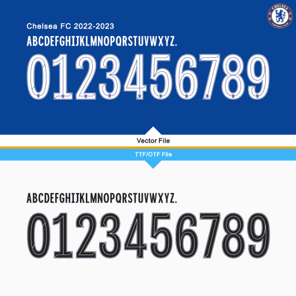 Chelsea FC 2022-23 Font Preview Chelsea 2022-23 font preview with TTF, OTF, CDR, PDF formats