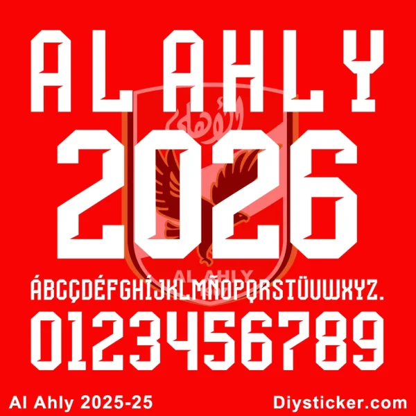 Al Ahly 2025-26 official font showing full alphabet, numbers, "AL AHLY" text, and club crest on a red background.
