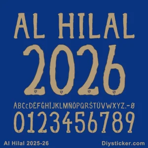 Al Hilal 2025-26 official font showing alphabet, numbers, and special characters in gold on a blue background.