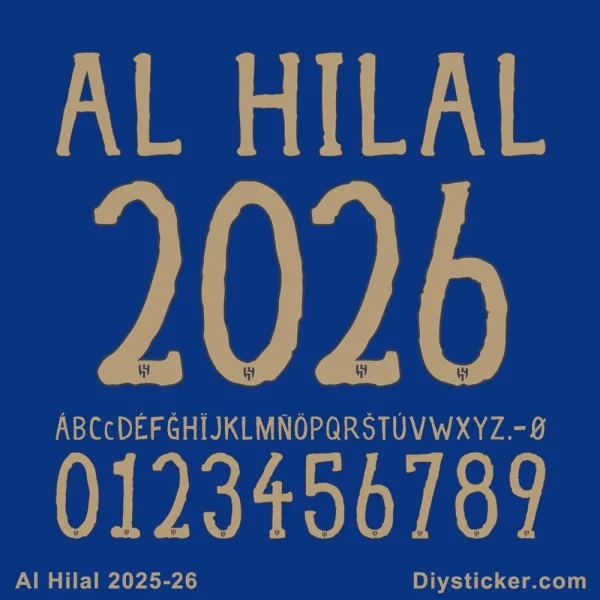 Al Hilal 2025-26 official font showing alphabet, numbers, and special characters in gold on a blue background.