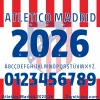 Atletico Madrid 2025-26 Home Kit Font Atletico Madrid 2025-26 official home kit font in blue, showing numbers, alphabet, and club logo background.