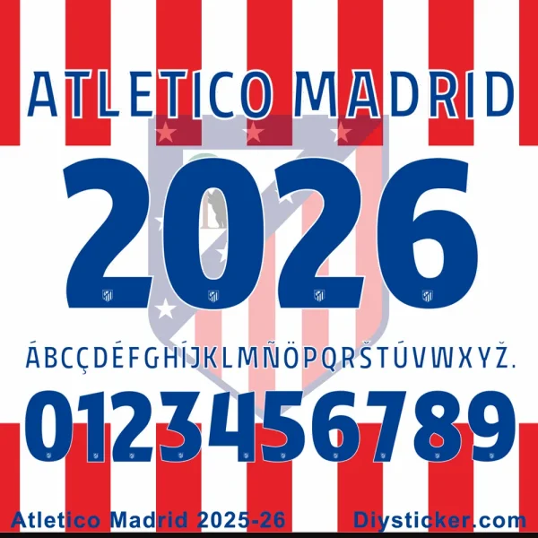 Atletico Madrid 2025-26 official home kit font in blue, showing numbers, alphabet, and club logo background.