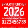 Bayern Munich 2025-26 Font Sample Official Bayern Munich 2025-26 home kit font sample with 3D effect and club logo.