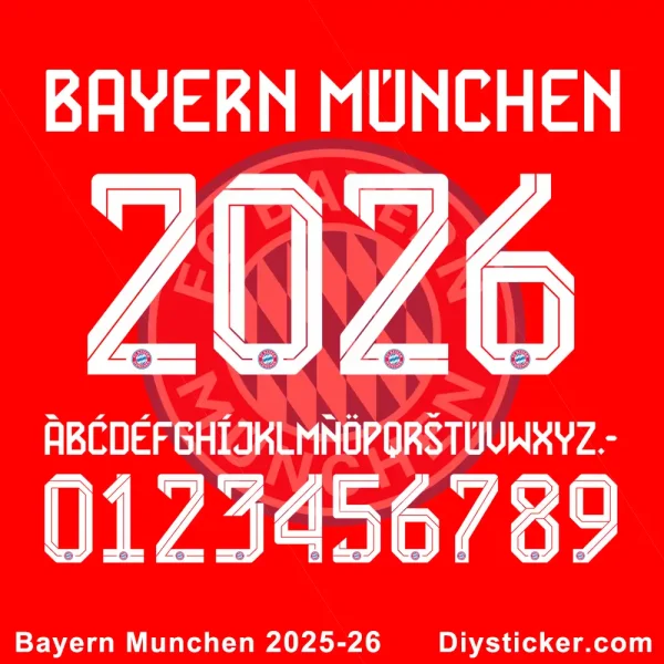 Official Bayern Munich 2025-26 home kit font sample with 3D effect and club logo.
