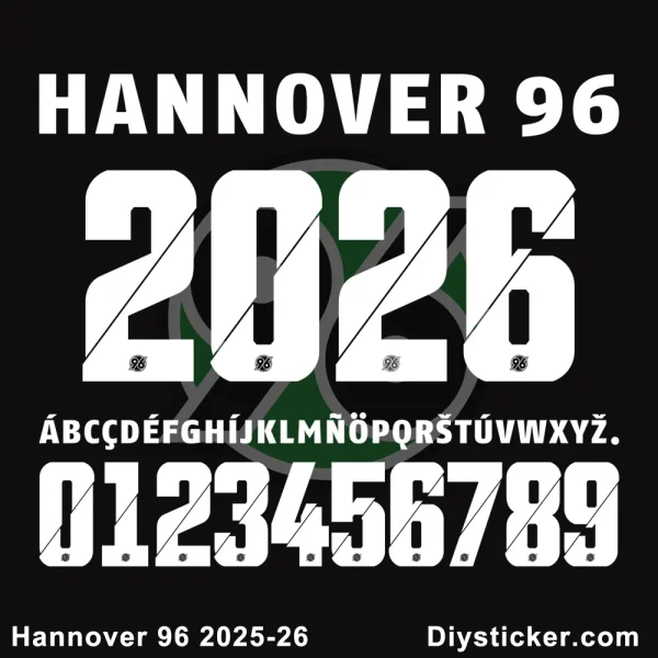 Hannover 96 2025-26 official font for jersey numbers & lettering, showing 2026, alphabet, and numbers.