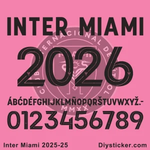 Inter Miami 2025-26 official font showing full alphabet, numbers, "INTER MIAMI" text, and club crest on a pink background.