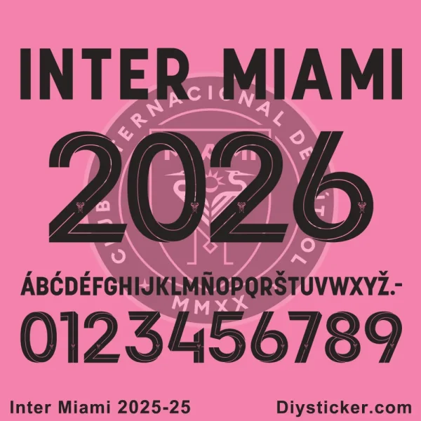 Inter Miami 2025-26 official font showing full alphabet, numbers, "INTER MIAMI" text, and club crest on a pink background.