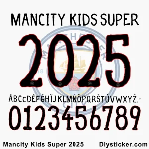 Manchester City Kids Super 2025 font showcasing a playful, bold typeface with all letters, numbers, and the Man City logo.