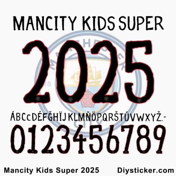 Manchester City Kids Super 2025 font showcasing a playful, bold typeface with all letters, numbers, and the Man City logo.