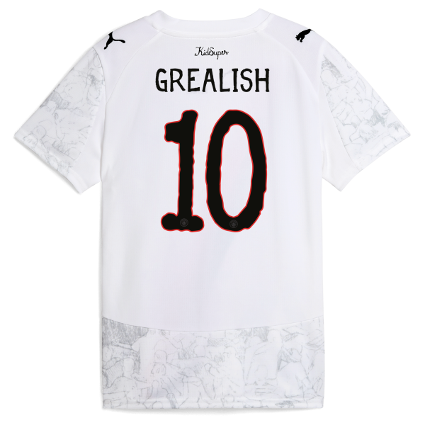 Back of a white Manchester City Kids Super 2025 jersey with "GREALISH" and number "10" in the official font.