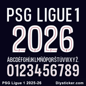 Official PSG Ligue 1 2025-26 font with TTF, OTF, AI, CDR, PDF files for jersey design.