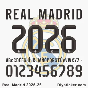 Real Madrid 2025-26 font preview with TTF, OTF, AI, CDR, and PDF files
