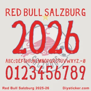 Red Bull Salzburg 2025-26 official font preview, showing alphabet, numbers 0-9, and symbols in red.