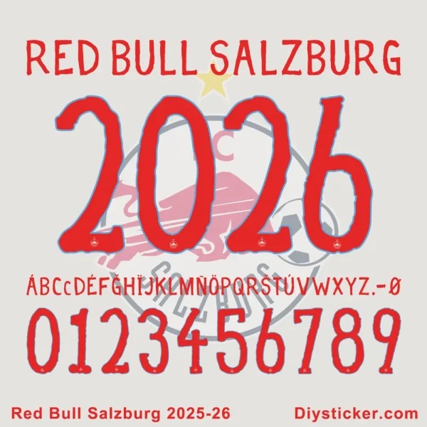 Red Bull Salzburg 2025-26 official font preview, showing alphabet, numbers 0-9, and symbols in red.
