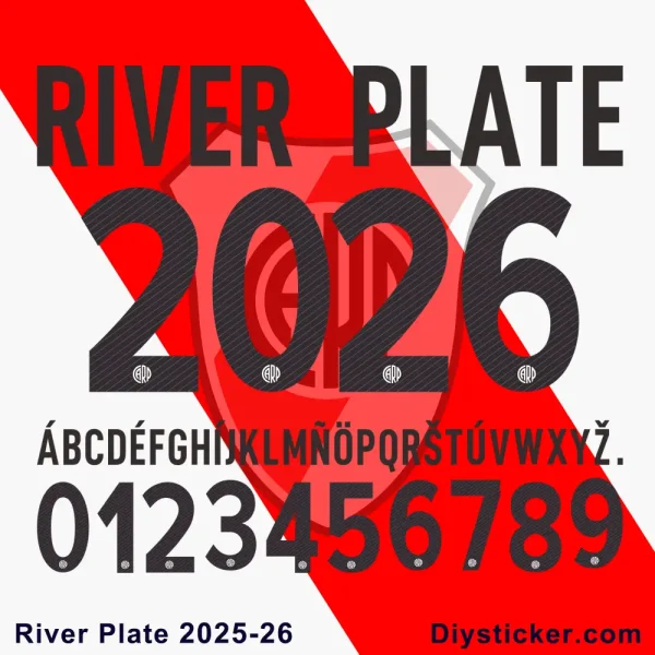 River Plate 2025-26 official kit font featuring all characters, numbers, and the club crest.
