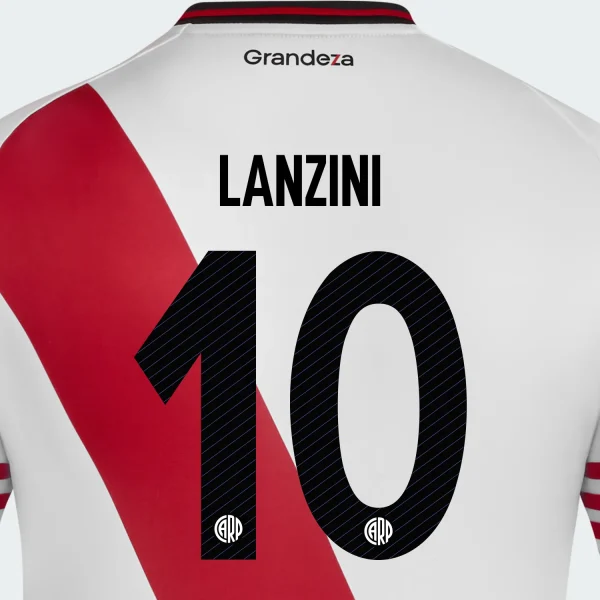 River Plate 2025-26 home jersey with "LANZINI" and number "10" using the new official font.