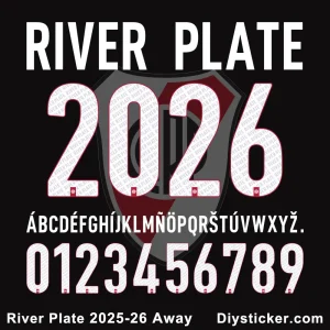 River Plate 2025-26 away jersey font showing numbers 0-9, capital letters A-Z, and club logo.