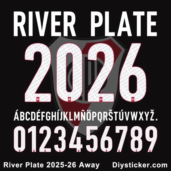 River Plate 2025-26 away jersey font showing numbers 0-9, capital letters A-Z, and club logo.