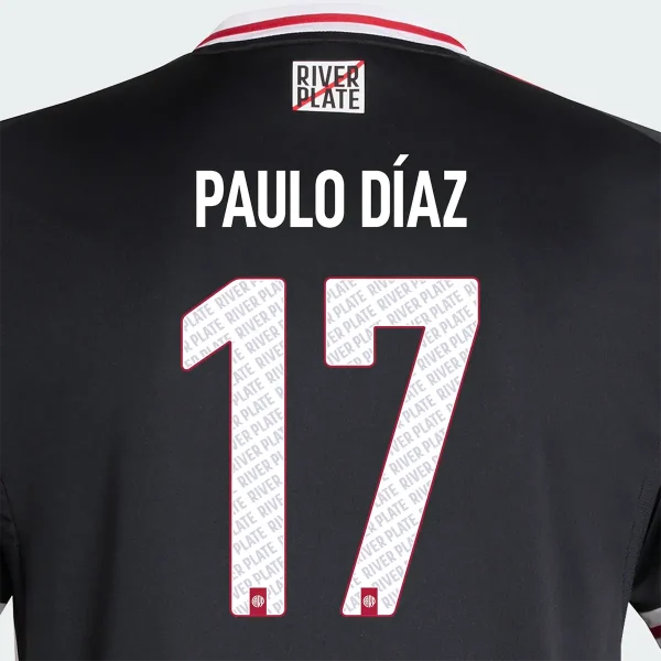Back of a black River Plate 2025-26 away jersey with "PAULO DÍAZ" and number "17" in the official font.