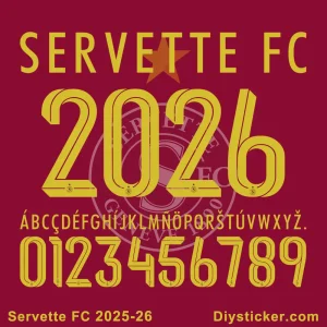 Servette FC 2025-2026 jersey font download, showcasing letters, numbers, and team logo.