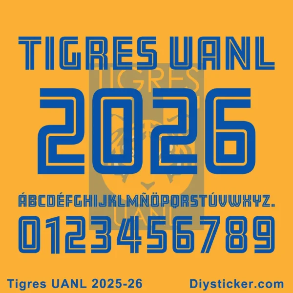 Official Tigres UANL 2025-26 font kit with numbers and alphabet in blue on an orange background.