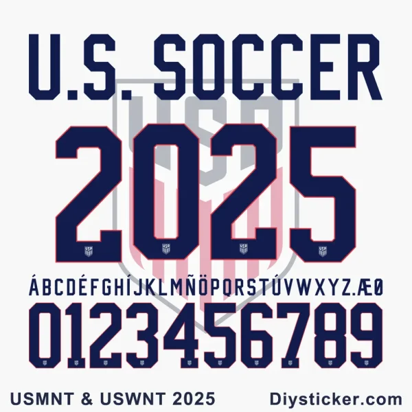 USMNT & USWNT 2025 jersey font with full alphabet, numbers, and "U.S. SOCCER" title, showcasing the official design.