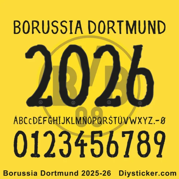 Borussia Dortmund 2025-26 font kit displaying uppercase letters, numbers 0-9, and vector file format icons on a yellow background.