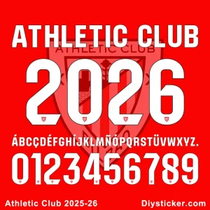 Athletic Club 2025-26 font full alphabet and numbers in white on a red background.
