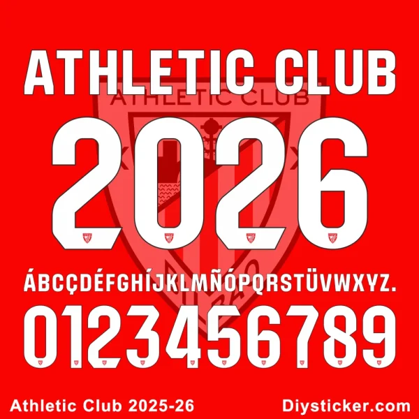 Athletic Club 2025-26 font full alphabet and numbers in white on a red background.