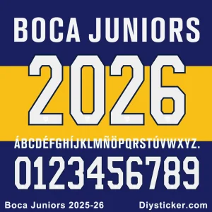 Boca Juniors 2025-26 official football jersey font showing numbers and alphabet for download.