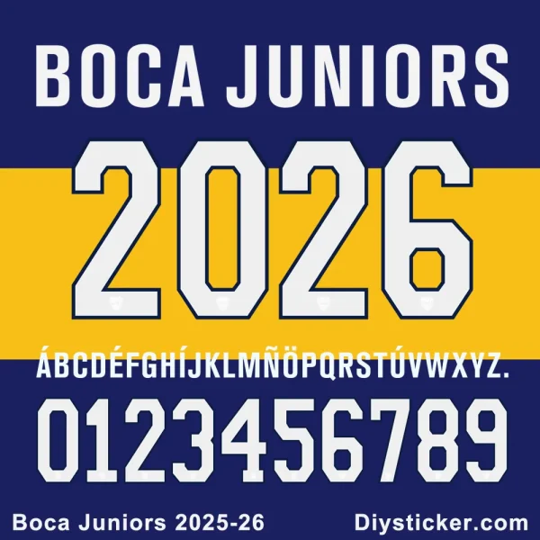 Boca Juniors 2025-26 official football jersey font showing numbers and alphabet for download.