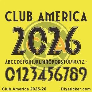 Club America 2025-26 jersey font display on yellow background, showing full alphabet, numbers, and team logo details.