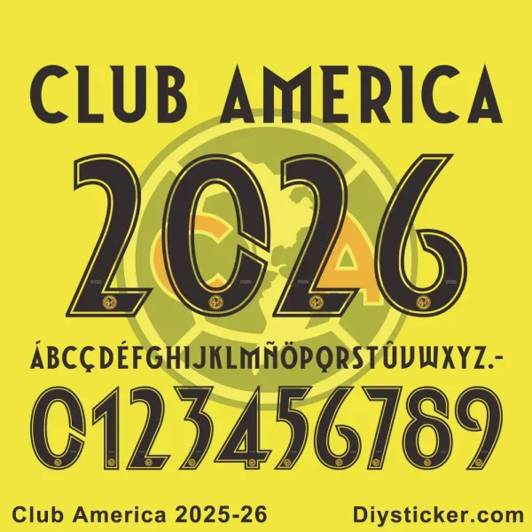 Club America 2025-26 jersey font display on yellow background, showing full alphabet, numbers, and team logo details.