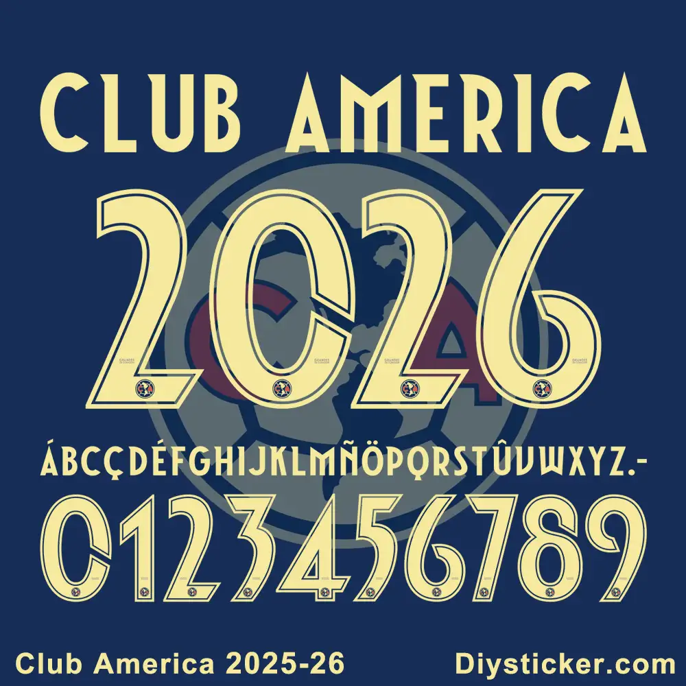 Club America 2025-26 font display on dark blue background, showing full alphabet, numbers.