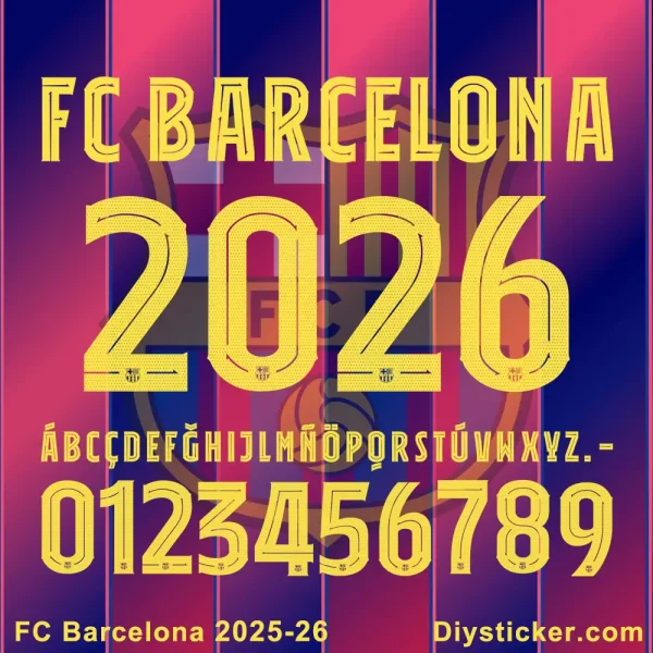 FC Barcelona 2025-26 official font showing uppercase letters, numbers, and special characters in yellow on a blaugrana background.