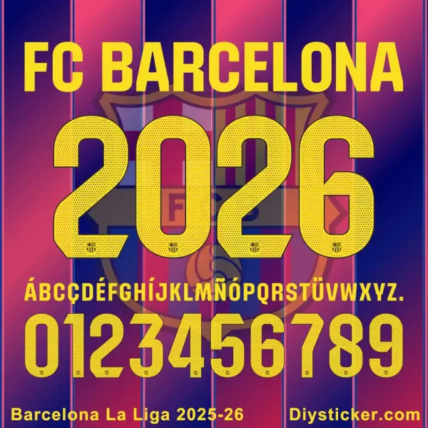 FC Barcelona La Liga 2025-26 official font with perforated texture for numbers.