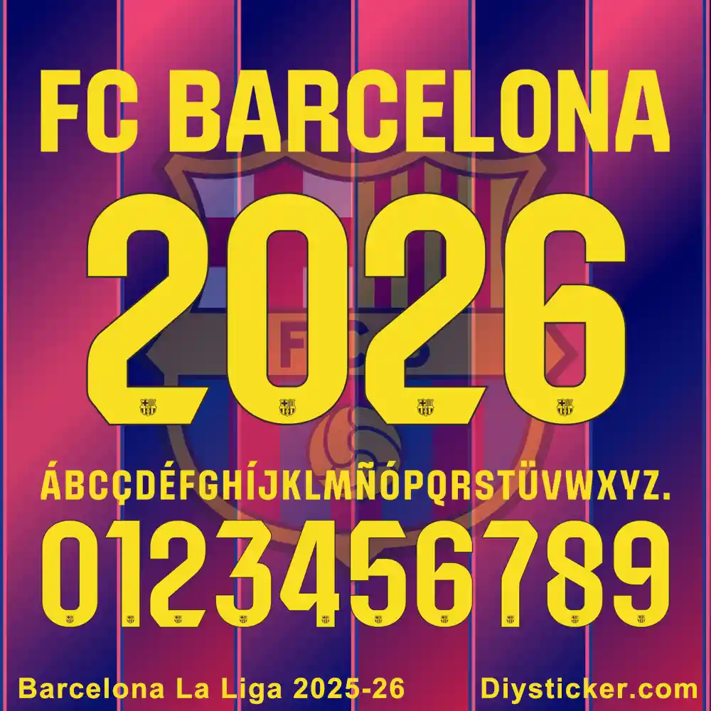 FC Barcelona La Liga 2025-26 font showing numbers and alphabet for download.