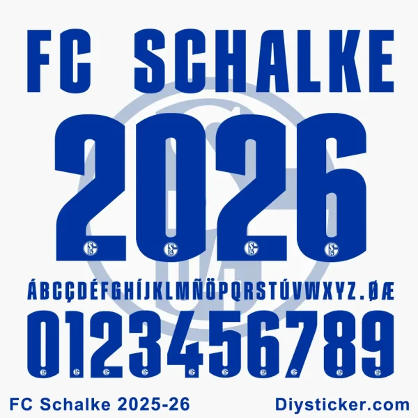FC Schalke 2025-26 official font characters, including letters, numbers, and symbols.