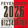 Feyenoord 2025-26 Home Kit Font Preview Feyenoord 2025-26 home jersey font (black with gold outline) showing numbers and alphabet.