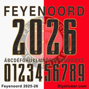 Feyenoord 2025-26 home jersey font (black with gold outline) showing numbers and alphabet.