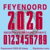 Feyenoord 2025-26 Away Kit Font Preview Feyenoord 2025-26 away jersey font (red) showing numbers and alphabet.