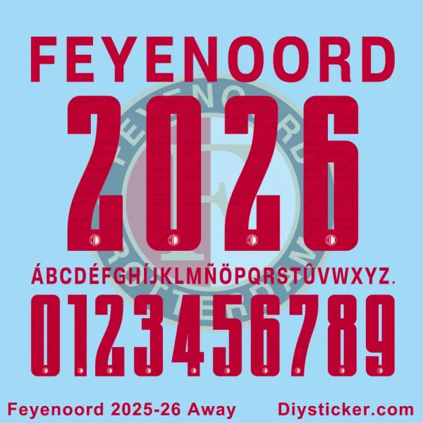Feyenoord 2025-26 away jersey font (red) showing numbers and alphabet.