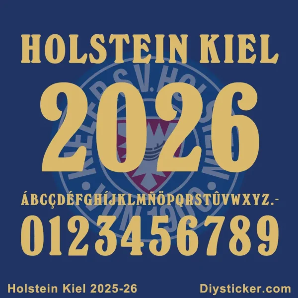 Holstein Kiel 2025-26 font full alphabet and numbers in gold on a blue background.