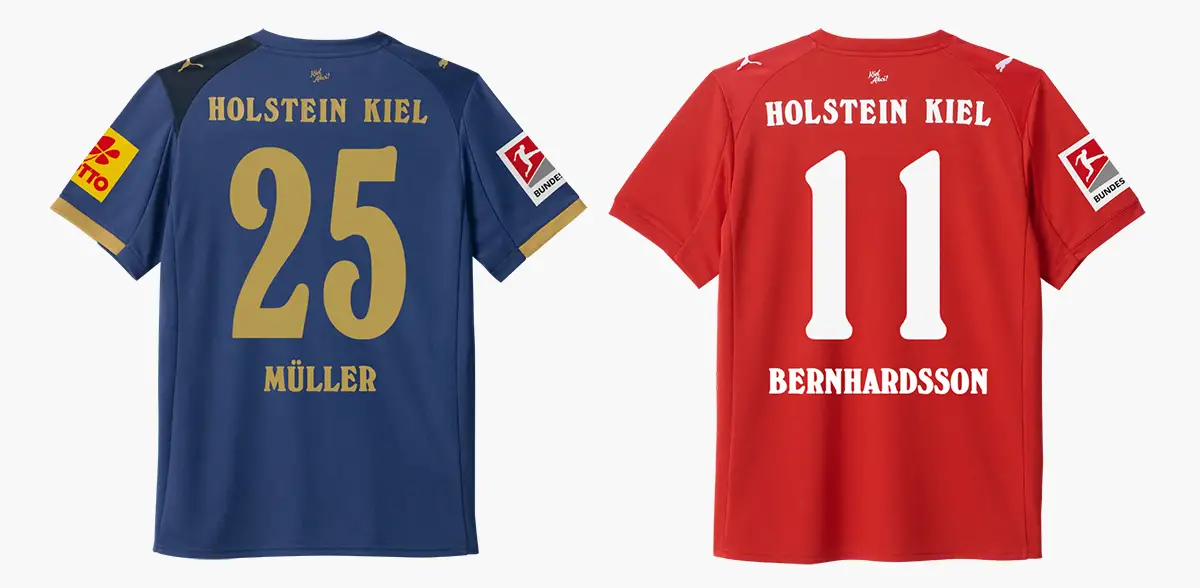 Holstein Kiel 2025-26 home (blue) and away (red) jerseys showing player names and numbers.