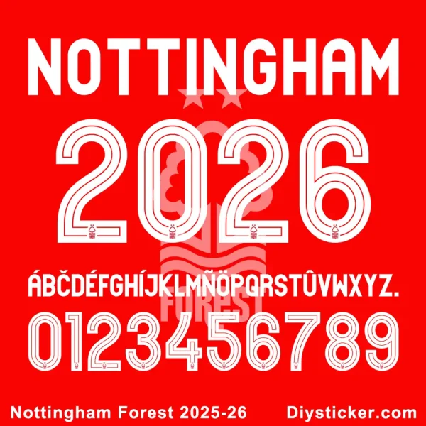 Nottingham Forest 2025-26 official kit font showing numbers and alphabet with club crest details.