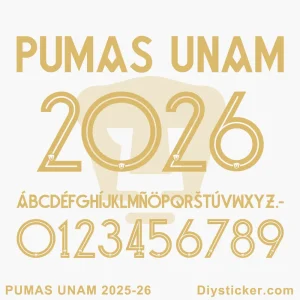 Pumas UNAM 2025-26 official football jersey font showing numbers and full alphabet for download.