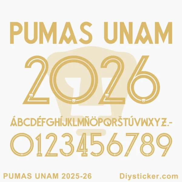 Pumas UNAM 2025-26 official football jersey font showing numbers and full alphabet for download.