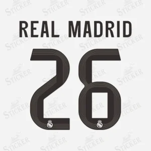 Real Madrid 2025-26 nameset print showing "REAL MADRID 26" in black with club crest.