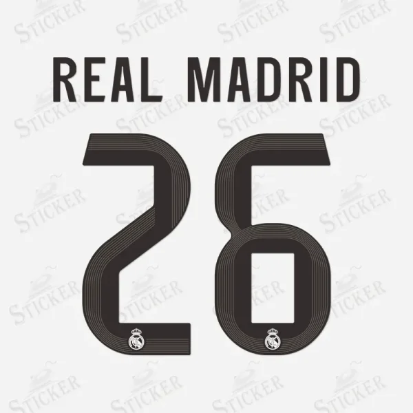 Real Madrid 2025-26 nameset print showing "REAL MADRID 26" in black with club crest.