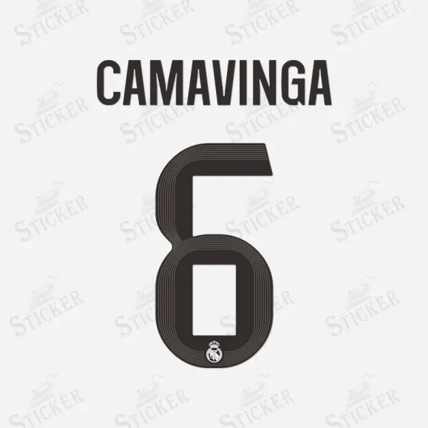 Real Madrid 2025-26 Camavinga #6 nameset print in black with club crest.